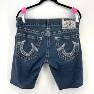 True Religion Bobby Mens 34 Denim Jean Shorts Dark Wash Cut Off Horseshoe USA